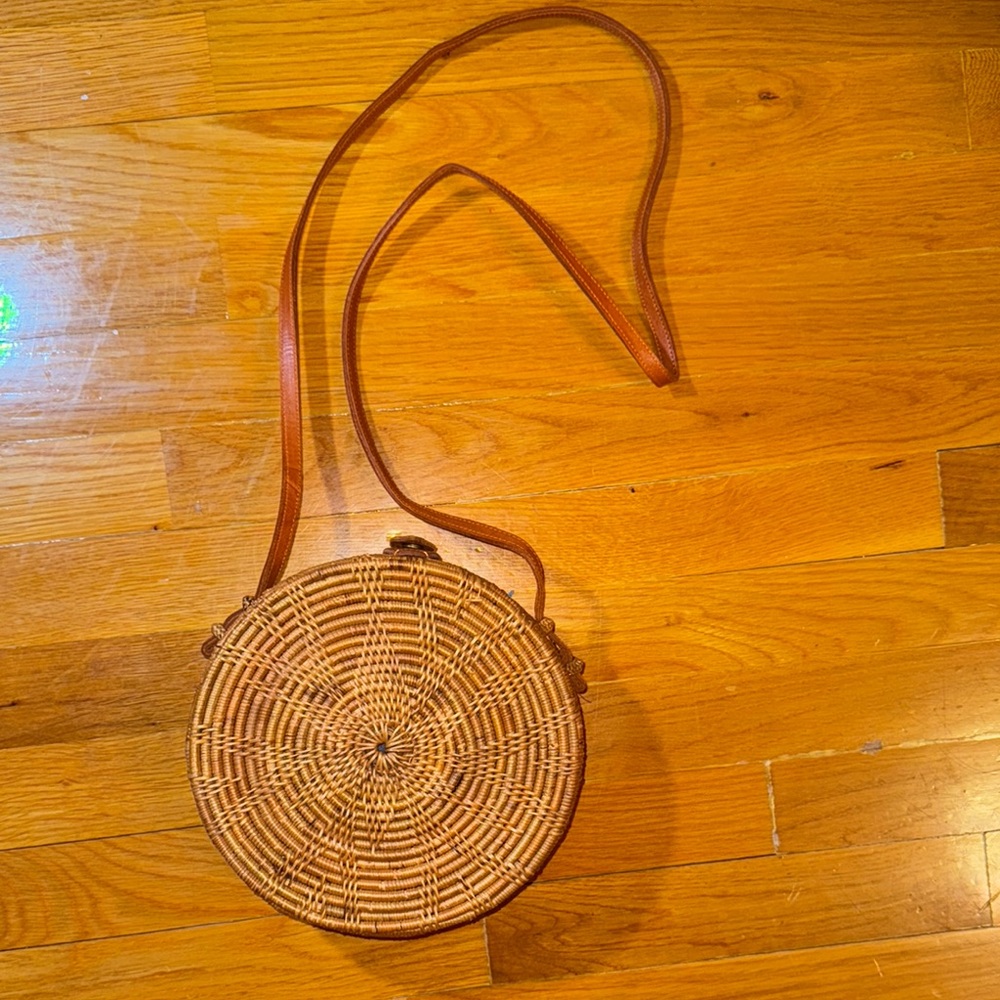 Round Woven Tan Crossbody Bag